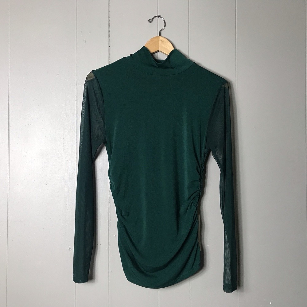 ADRIANNA PAPELL GREEN RUCHED THIN MOCK TURTLENECK TOP SHEER SLEEVES WOMENS LARGE